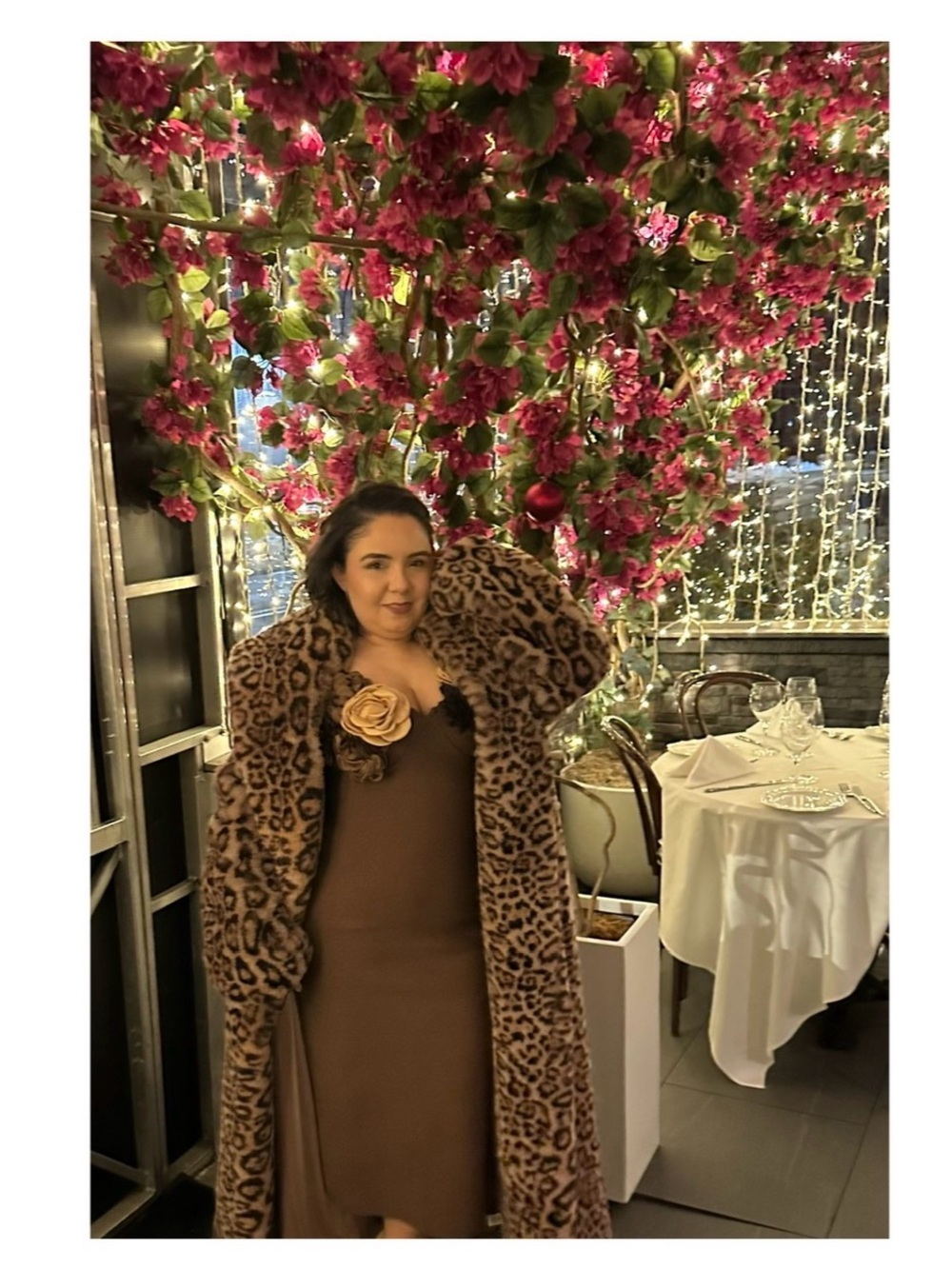 Fashion Nova Chocolate Brown Midi Dress with Tan & Black Floral Accents